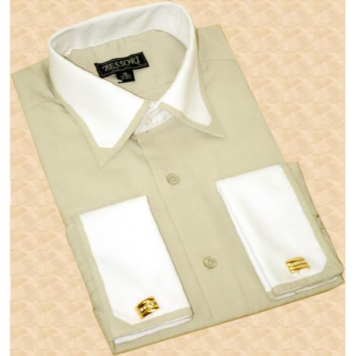 Tessori Sage/White Woven Cotton Blend Dress Shirt SH-01